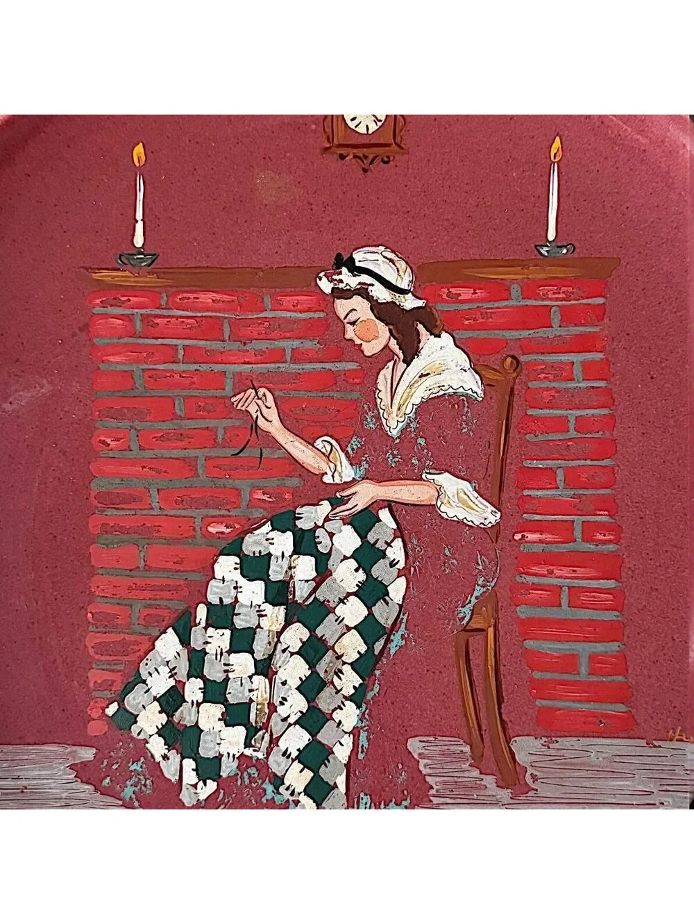 Large Vtg Hand Painted Folk Art Serving Tray Plate Colonial Woman Fireplace 13
